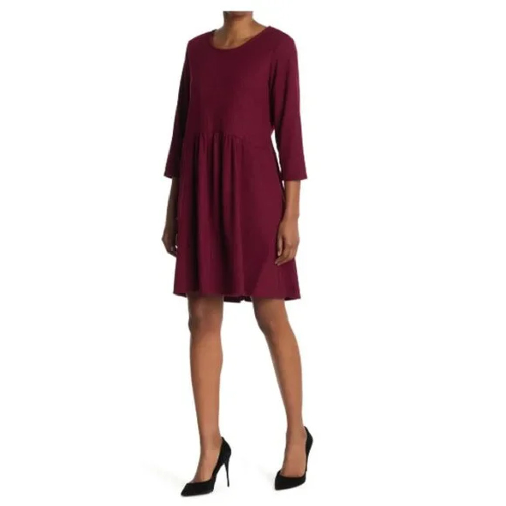 Tash and Sophie Women's Long Sleeve Ribbed Shirred Dress Burgundy L, $69 NWT